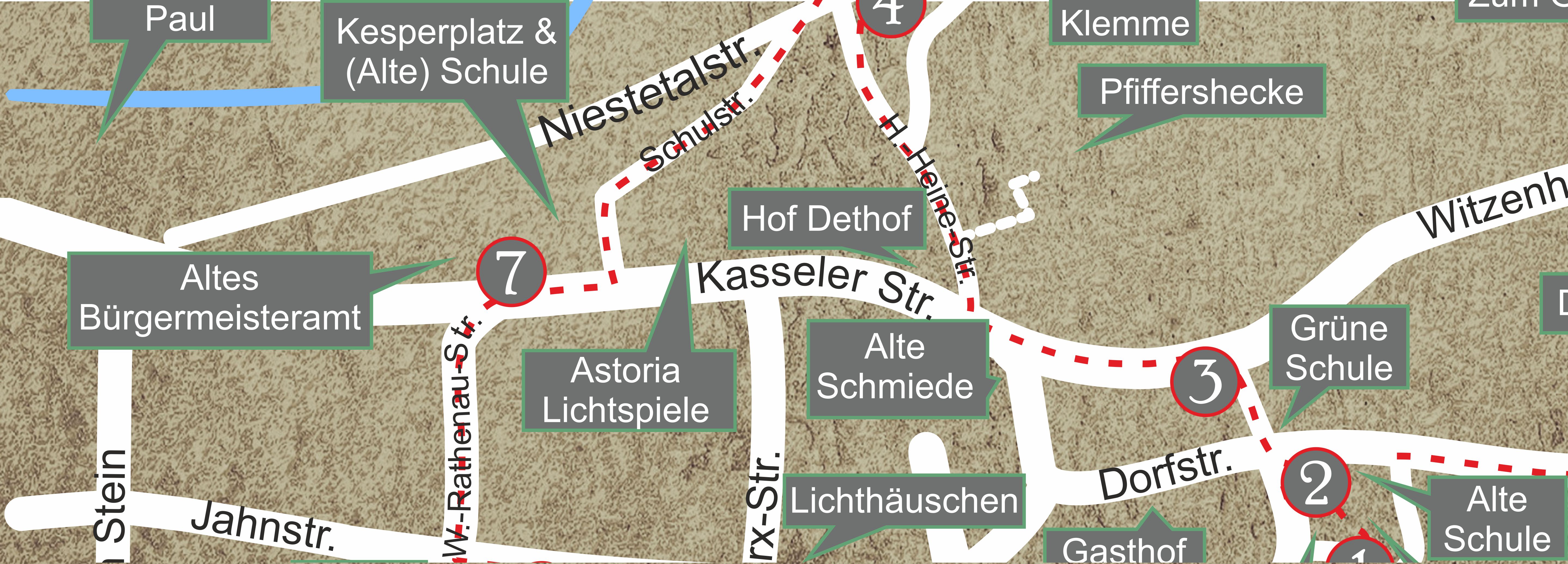 Von der Niestetalstraße aus geht es die Kirchstraße entlang zum Ärztehaus und dem alten Bürgermeisteramt.